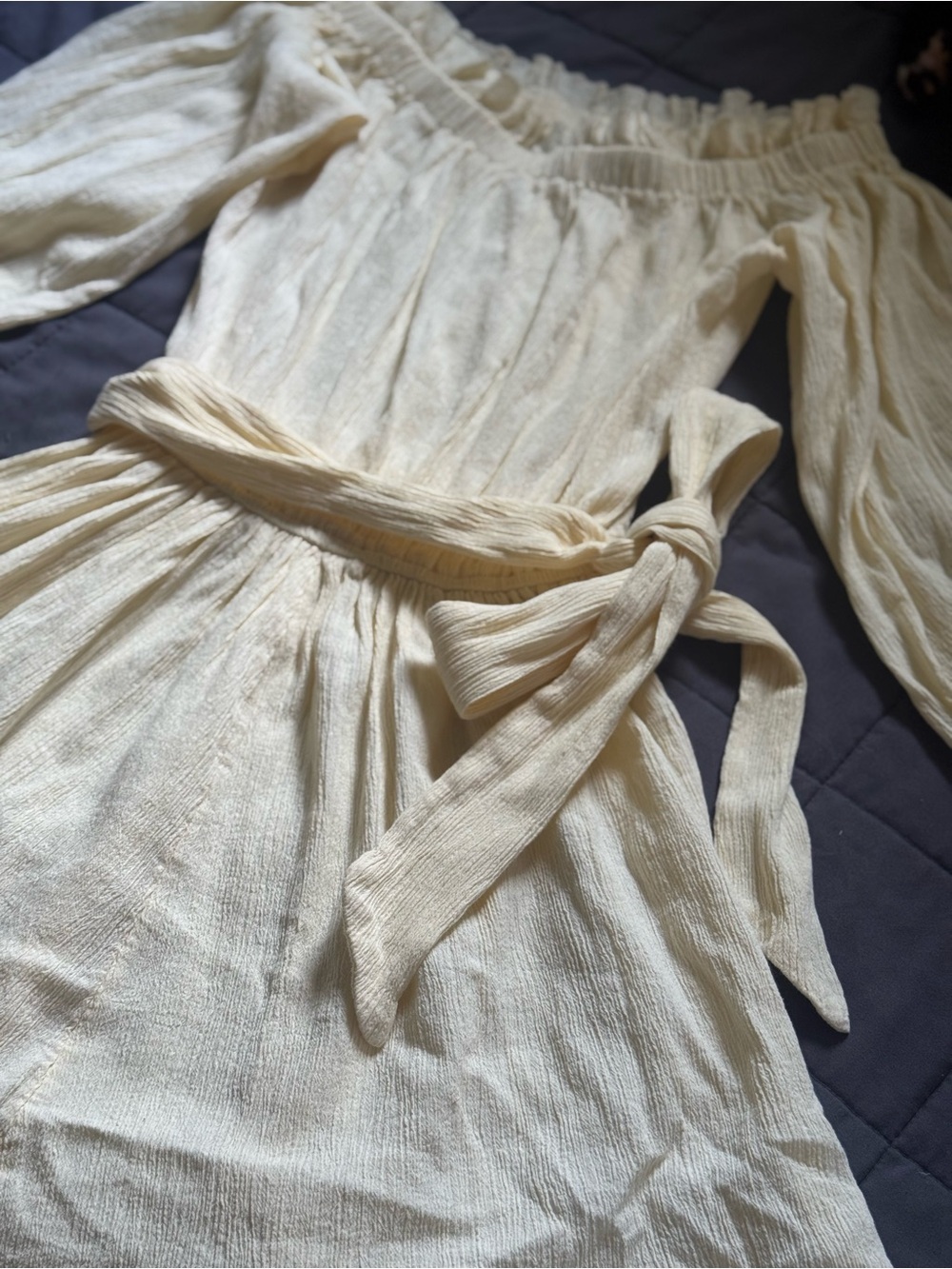 ASOS DESIGN off shoulder super crinkle beach mini dress in natural - Picture 3 of 6